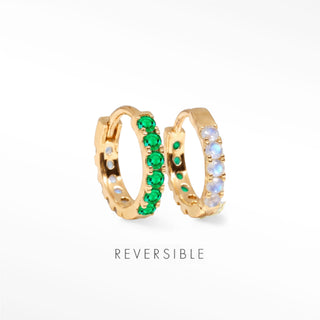 Natalie 14mm 18K gold vermeil reversible hoops showing the Genuine Emerald and Genuine Moonstone faces.