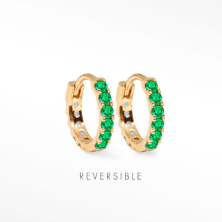 Nina Wynn Natalie 14mm 18K gold vermeil reversible hoops with the Genuine Emerald face forward.