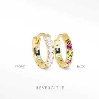 Natalie 14mm 18K gold vermeil hoops showing the Genuine Moonstone front and Genuine Multicolor Tourmaline reverse.