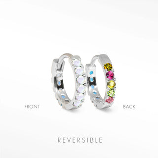Natalie 14mm sterling silver hoops showing Genuine Moonstone on one face and Genuine Multicolor Tourmaline on the reverse.