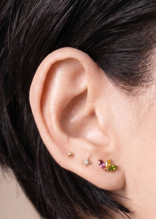 Flat back earrings baby lotus multi tourmaline 14k yellow