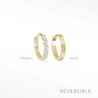 Gold reversible huggies 9mm by Natalie Florentine diamond featuring clear crystals and engraved textured finish