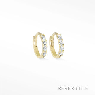Natalie florentine diamond gold reversible huggies 9mm featuring clear sparkling stones in 14k gold hoops
