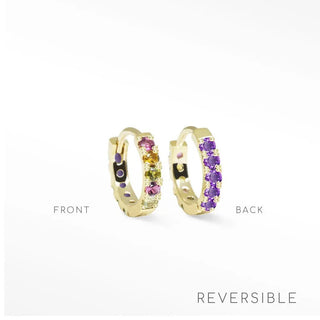 Natalie tourmaline 14k gold reversible huggies 11mm featuring multicolored and solid purple gemstones