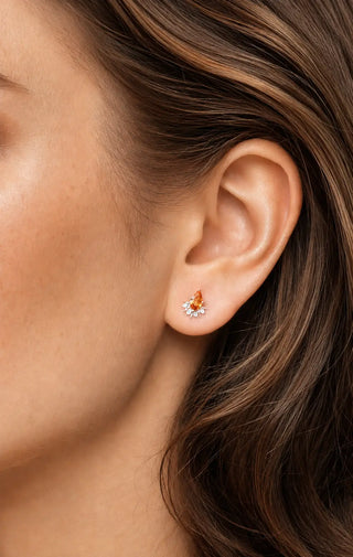 Padparadscha sapphire earrings with a flat back fit for exceptional comfort. Rare gemstone paired everyday wearability.
