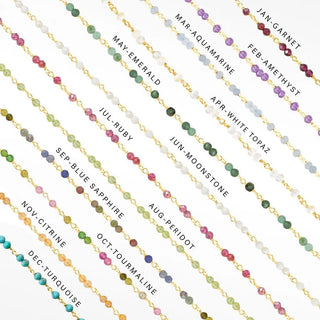 Gold-toned beaded permanent bracelet with ethereal natural gemstones in 14k yellow gold representing birthstones