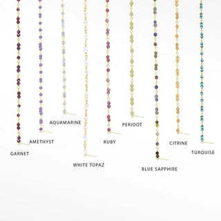 A collection of delicate gemstone permanent bracelets with small faceted beads on 14k yellow gold chains