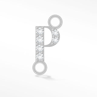 Nina Wynn sideways initial P connector with lab-grown diamonds in solid 14k white gold.
