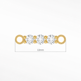 14K yellow gold diamond pave 3-stone bar connector featuring three round brilliant-cut diamonds, polished circular loop ends, and a 12 mm total length.