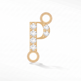 Nina Wynn sideways initial P connector with lab-grown diamonds in solid 14k yellow gold.