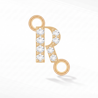 Nina Wynn sideways initial R connector with lab-grown diamonds in solid 14k yellow gold.