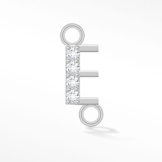 Nina Wynn sideways initial E connector with moissanite in 925 sterling silver.