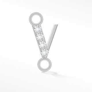 Nina Wynn sideways initial V connector with moissanite in 925 sterling silver.