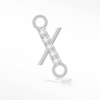 Nina Wynn sideways initial X connector with moissanite in 925 sterling silver.