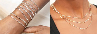 Stacked gold and silver chain necklaces with a textured, faceted design.