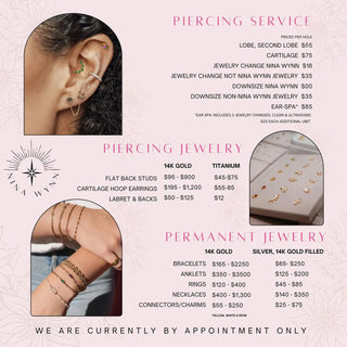 A collection of 14k gold and titanium flat back studs and cartilage hoop earrings by nina wynn featuring piercing downsize threadless labrets