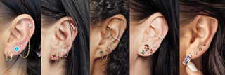 Collection of earrings worn on ears with different hair colors and styles. Ear Styling by Nina Wynn