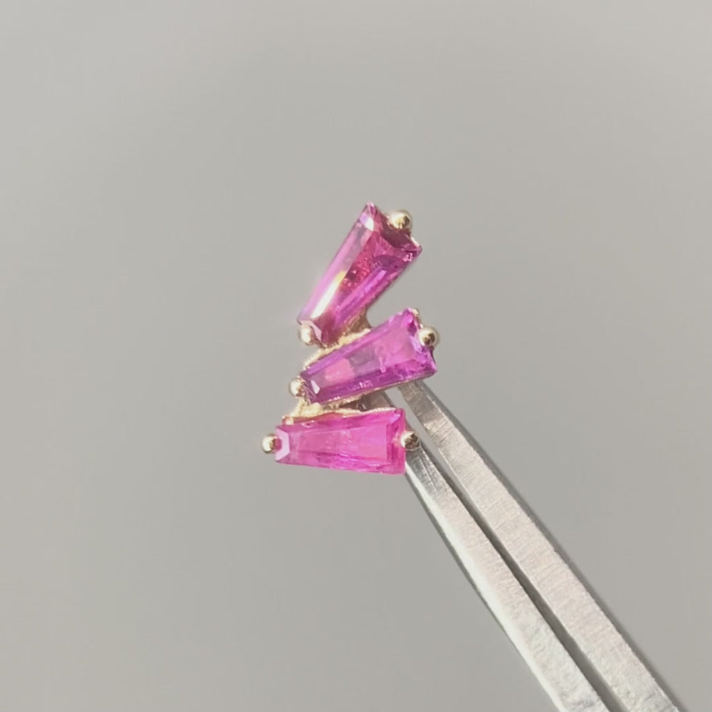 Baguette flat back earrings, in 14k yellow gold, pink sapphire, a sleek baguette-cut