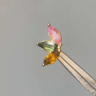 Baby Lotus flat back earrings, in 14k yellow gold, multi tourmaline, stone size 4x2mm, a petite floral