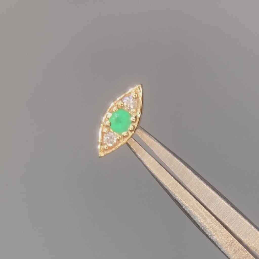 Evil Eye flat back earrings, in 14k yellow gold, emerald, stone size 1.5mm