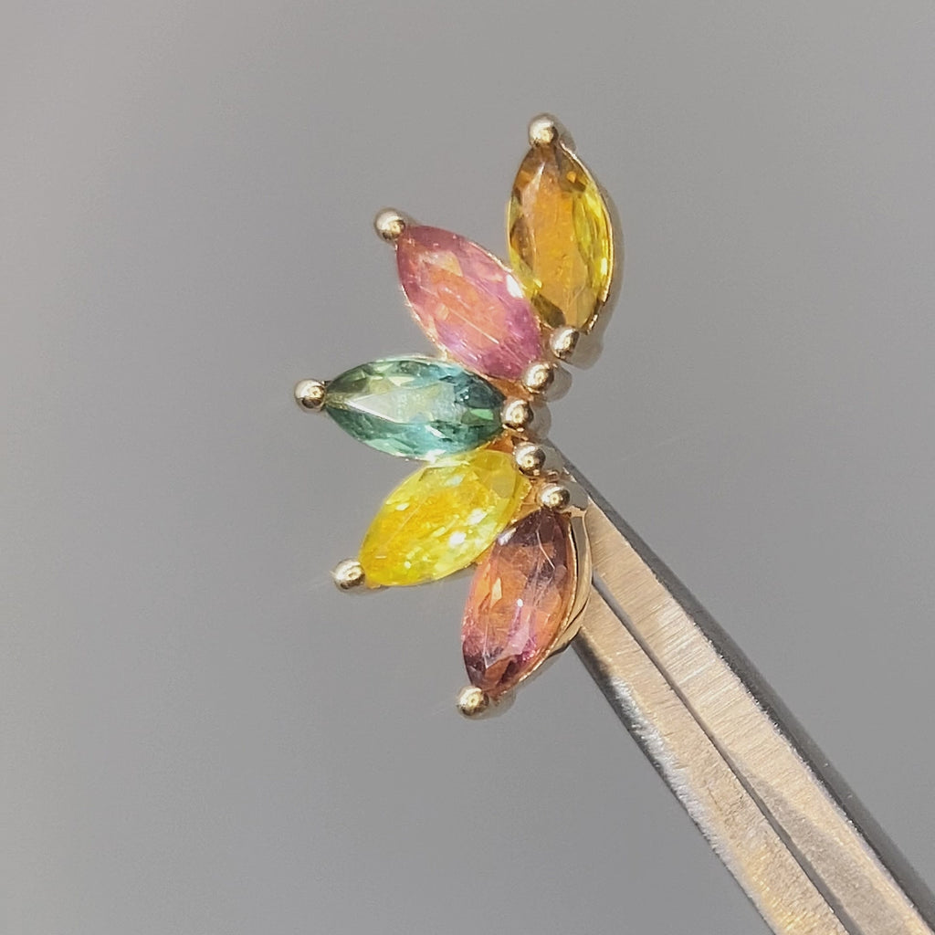 Lotus flat back earrings, in 14k yellow gold, multi tourmaline, stone size 4x2mm, a floral