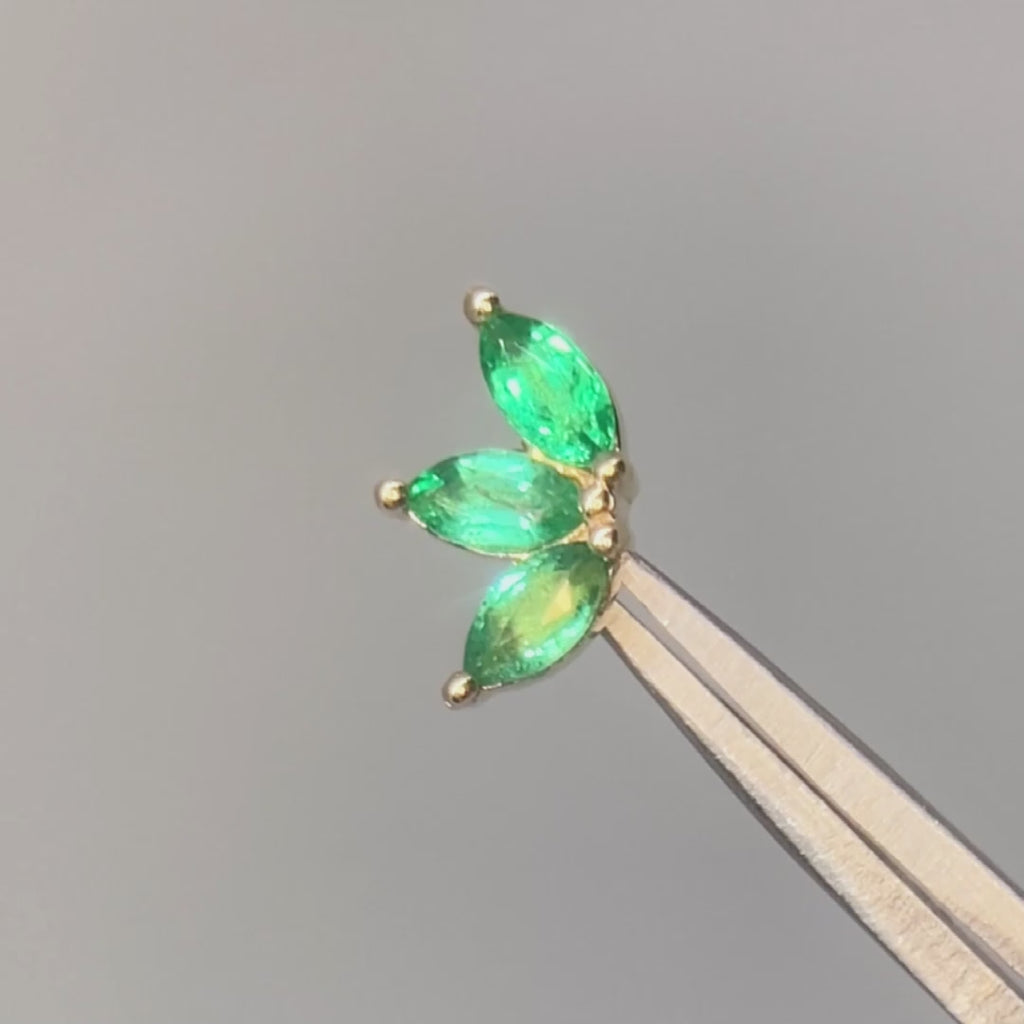 Baby Lotus flat back earrings, in 14k yellow gold, emerald, stone size 4x2mm, a petite floral