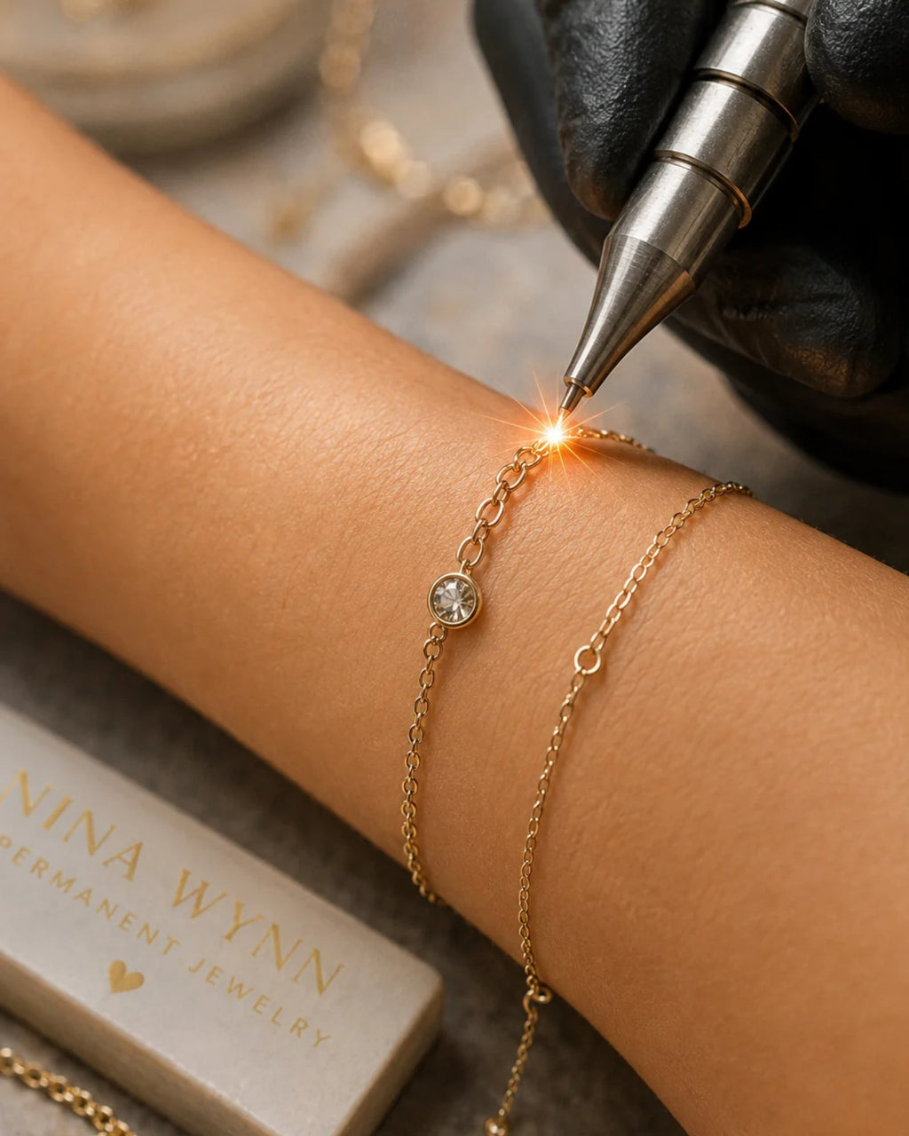 Permanent jewelry training in Las Vegas: promotional video showing bracelet fitting, welding, and finished jewelry.