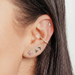 Delicate 14k gold flat back earrings with clear crystals and ruby stud earrings inspired clover design by the wynning studs