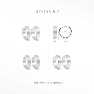 Florentine silver hoop earrings with reversible textured and smooth finishes, 12mm diameter, 3mm thickness by Wynning