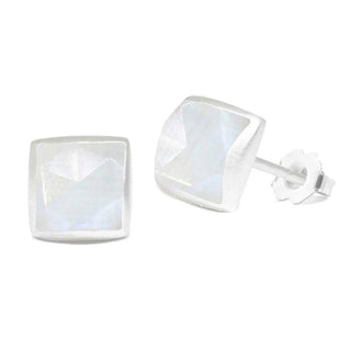 Silver stud earrings spirit moonstone featuring square-cut moonstone in a silver-toned metal setting