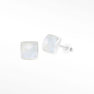 Silver stud earrings spirit moonstone featuring square-cut moonstone in a silver-toned metal setting