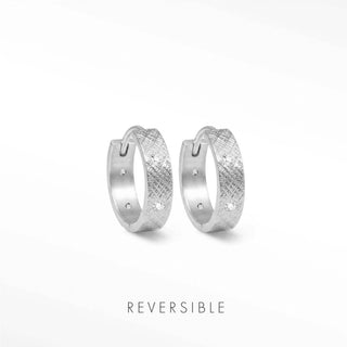 Florentine diamond sterling silver hoop earrings with textured crosshatched pattern and small embedded diamonds