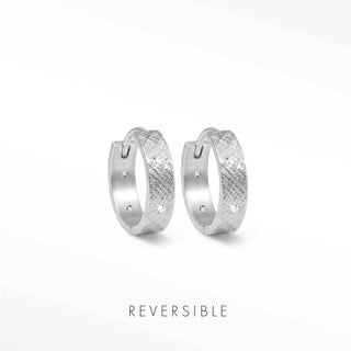 Florentine diamond sterling silver hoop earrings with textured crosshatched pattern and small embedded diamonds