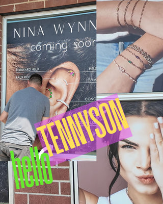 A collage-style storefront scene for Nina Wynne Jewelry new jewelry store in tennyson denver with signage for upcoming opening