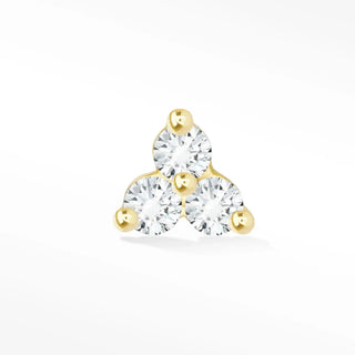 A delicate 14k gold trinity studs diamond earring with three clear diamonds and golden spheres at each point