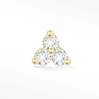 A delicate 14k gold trinity studs diamond earring with three clear diamonds and golden spheres at each point