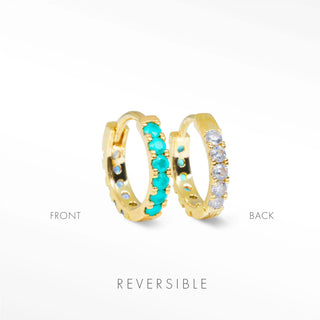 Natalie 14mm 18K gold vermeil hoops showing the Genuine Turquoise face and Genuine Moonstone reverse.