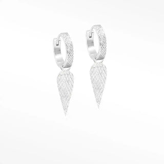 Silver hoop convertible earrings with textured diamond-cut pattern and dangling pointed leaf-shaped pendants vintage lace black rutilated quartz silver