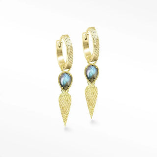 Gold-toned vintage lace labradorite vermeil convertible earrings with textured hoops and teardrop labradorite stones with leaf pendants