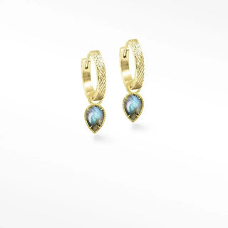 Vintage lace labradorite 18k vermeil convertible earrings with textured gold hoops and iridescent labradorite teardrops