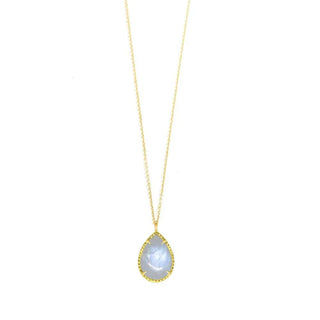 A delicate vintage lace moonstone vermeil necklace with a teardrop light blue moonstone and diamond bezel setting