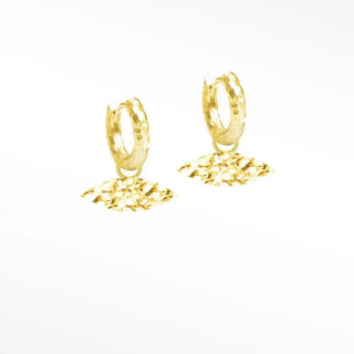 Gold-toned hammered hoop vintage lace moonstone earrings with textured leaf-shaped pendant 18k vermeil design
