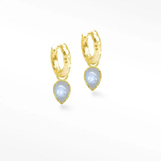 Gold-toned vintage lace moonstone earrings 18k vermeil huggie hoops with hammered texture and pear-shaped pendants