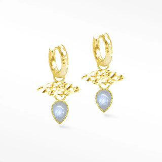 Gold-toned vintage lace moonstone earrings with hammered 18k vermeil hoops and pear-shaped moonstone pendants