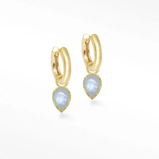Gold hoop vermeil convertible earrings with light blue teardrop moonstone pendants and vintage lace moonstone beaded edge