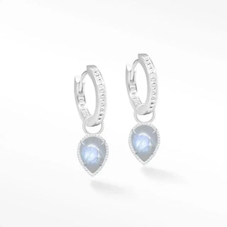 Silver convertible earrings with vintage lace pear moonstone pendants and diamond halo set in sterling silver