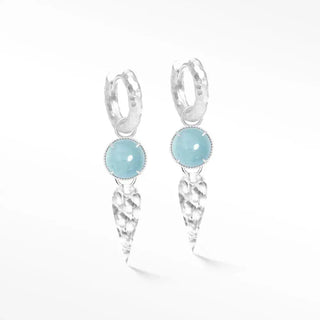 Silver convertible earrings vintage lace aquamarine with round 10mm light blue gemstones and hammered metal drops
