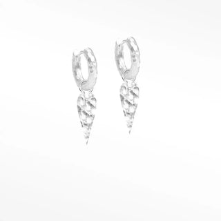 Silver convertible earrings featuring a vintage lace aquamarine design with round 10mm silver hammered spike hoops