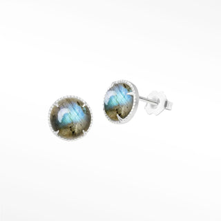 Vintage lace round 7mm labradorite silver stud earrings with oval labradorite stones and beaded metal bezel setting