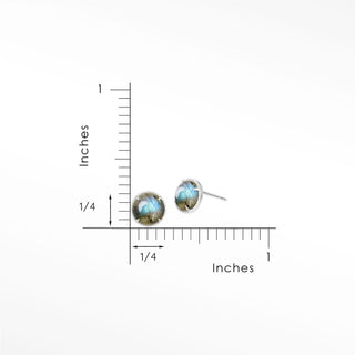 Vintage lace round 7mm labradorite silver stud earrings with shimmering blue green iridescent bezel set stones